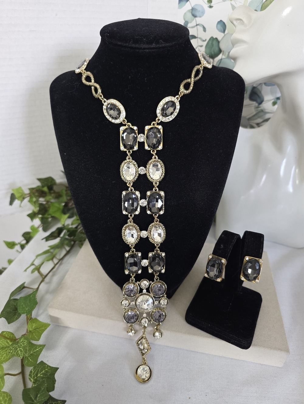 Gold Statement Glam Necklace and Earrings Set Grey Clear Crystal Drop